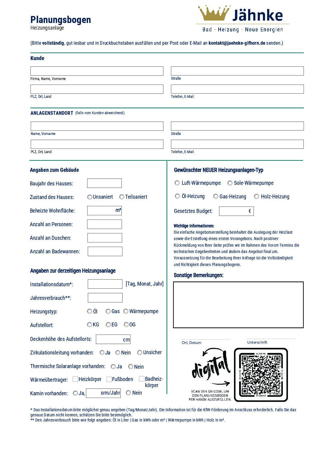 Planungsbogen Heizung